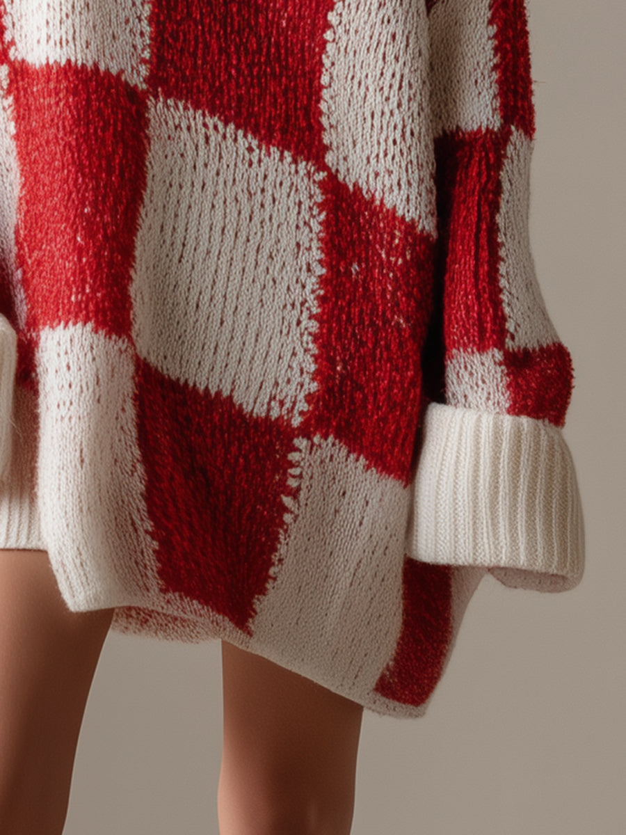 Robe Mini Tricotée à Col Asymétrique en Vichy Rouge et Blanc