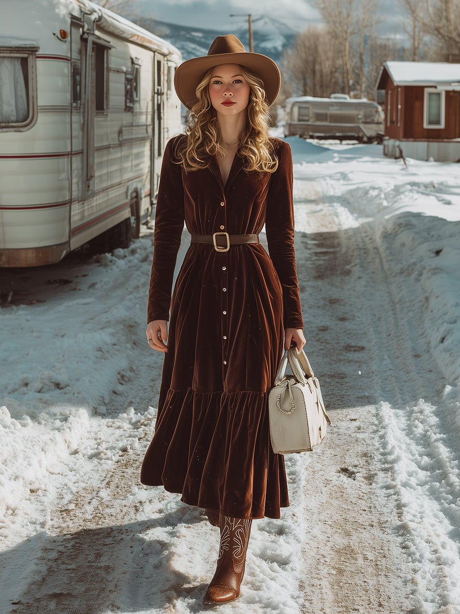 Robe Maxi Velours Brun Western avec Col Revers et Détails Boutonnés