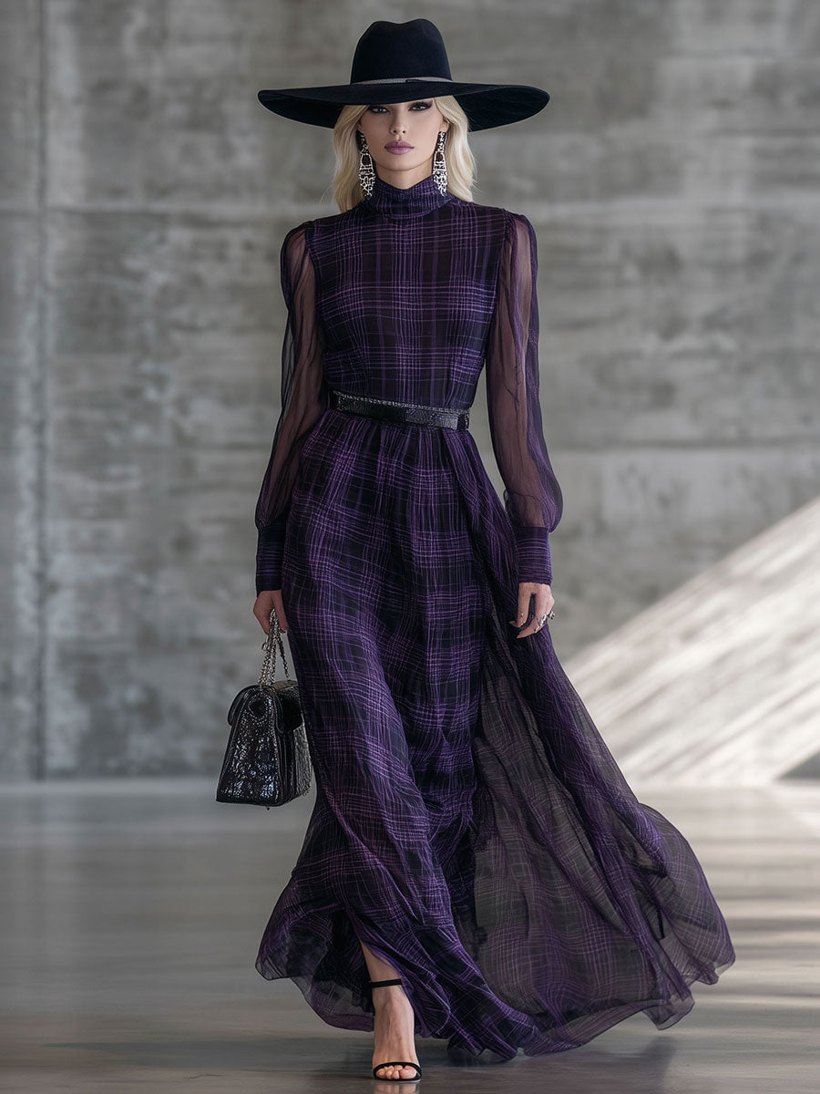 Maxi Robe Vintage en Velours Violet avec Col Roulé et Manches Longues en Organza à Motif Plaid