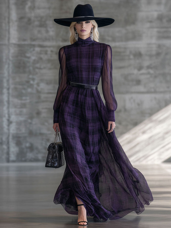 Robe Maxi Vintage Violet en Organza et Coton à Carreaux avec Col Roulé et Manches Longues