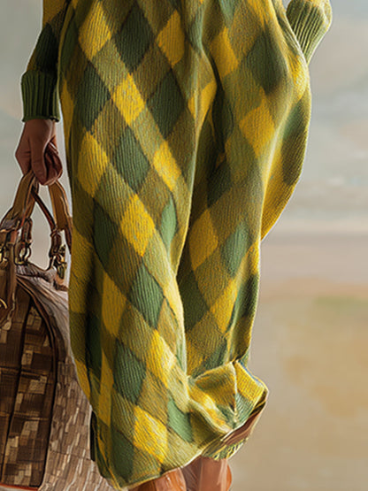 Robe Maxi Tricotée à Motif Carreaux Jaunes et Verts avec Détails Rétro Urbains