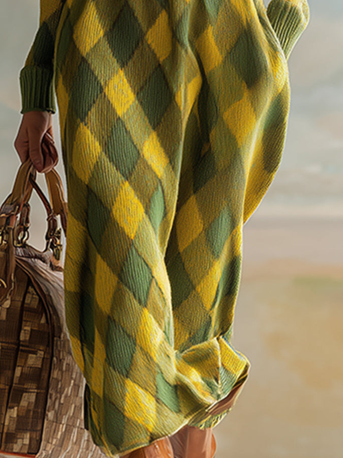 Robe Maxi Tricotée à Motif Carreaux Jaunes et Verts avec Détails Rétro Urbains