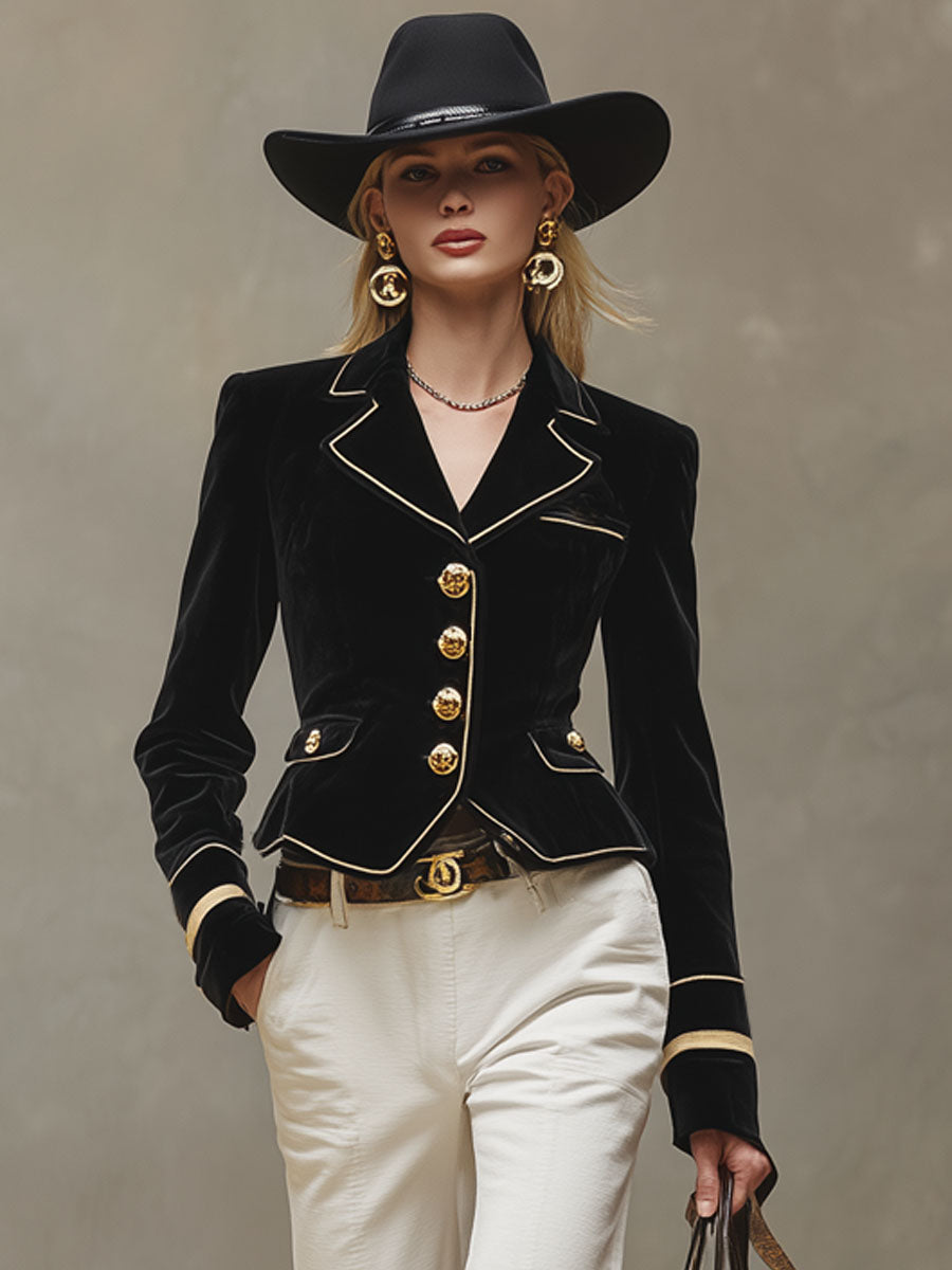 Blazer Velours Noir Cintré avec Col Cranté et Détails Dorés