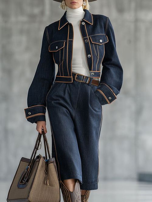 Ensemble Décontracté en Jean Navy avec Surpiqûres Rétro et Pantalon Court
