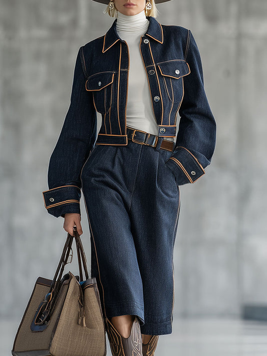 Ensemble Décontracté en Jean Navy avec Surpiqûres Rétro et Pantalon Court