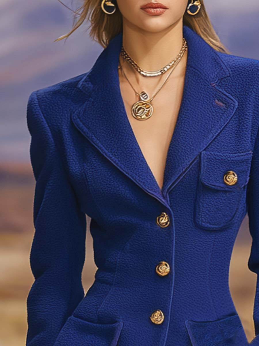 Blazer en polaire bleu royal à col cranté : Élégance décontractée avec un bouton unique