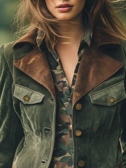Veste Rétro en Faux Suède avec Coutures Contrastées