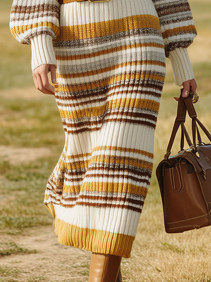 Robe Midi Tricotée à Rayures Jaunes et Marron avec Fermeture Éclair à Demi-Taille