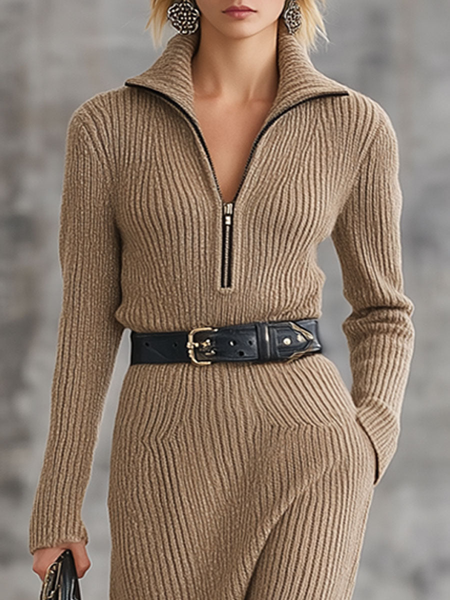 Robe Midi Camel Tricotée avec Zip et Détails Lacés Rétro