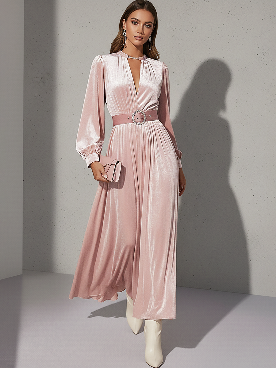 Robe Maxi Rétro en Velours Élégante avec Col Rond et Manches Longues