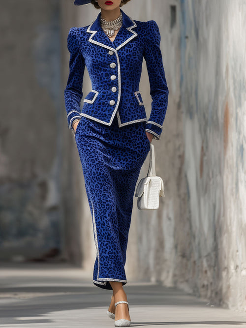 Veste Chic et Jupe en Velours Léopard avec Revers Élégants et Fermeture à Bouton