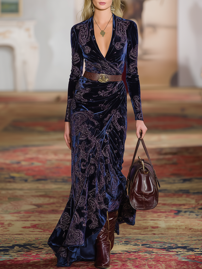 Robe Maxi Velours Rétro Western à Col en V et Manches Longues