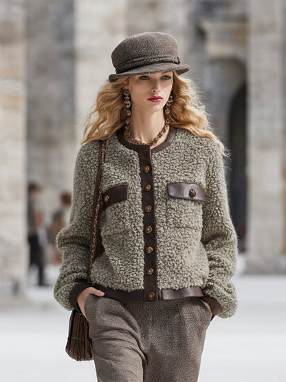 Veste en fausse fourrure à col rond avec élégantes finitions en simili cuir vintage