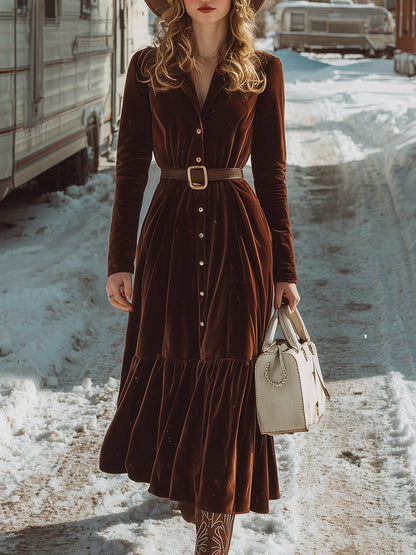 Robe Maxi Velours Brun Western avec Col Revers et Détails Boutonnés