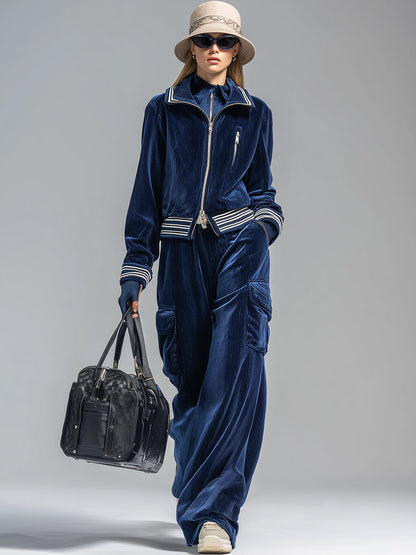Ensemble Sportif Rétro en Velours Côtelé Bleu Foncé : Veste et Pantalon