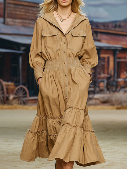 Robe Midi Kaki à Manches Longues avec Détails Volants Rétro