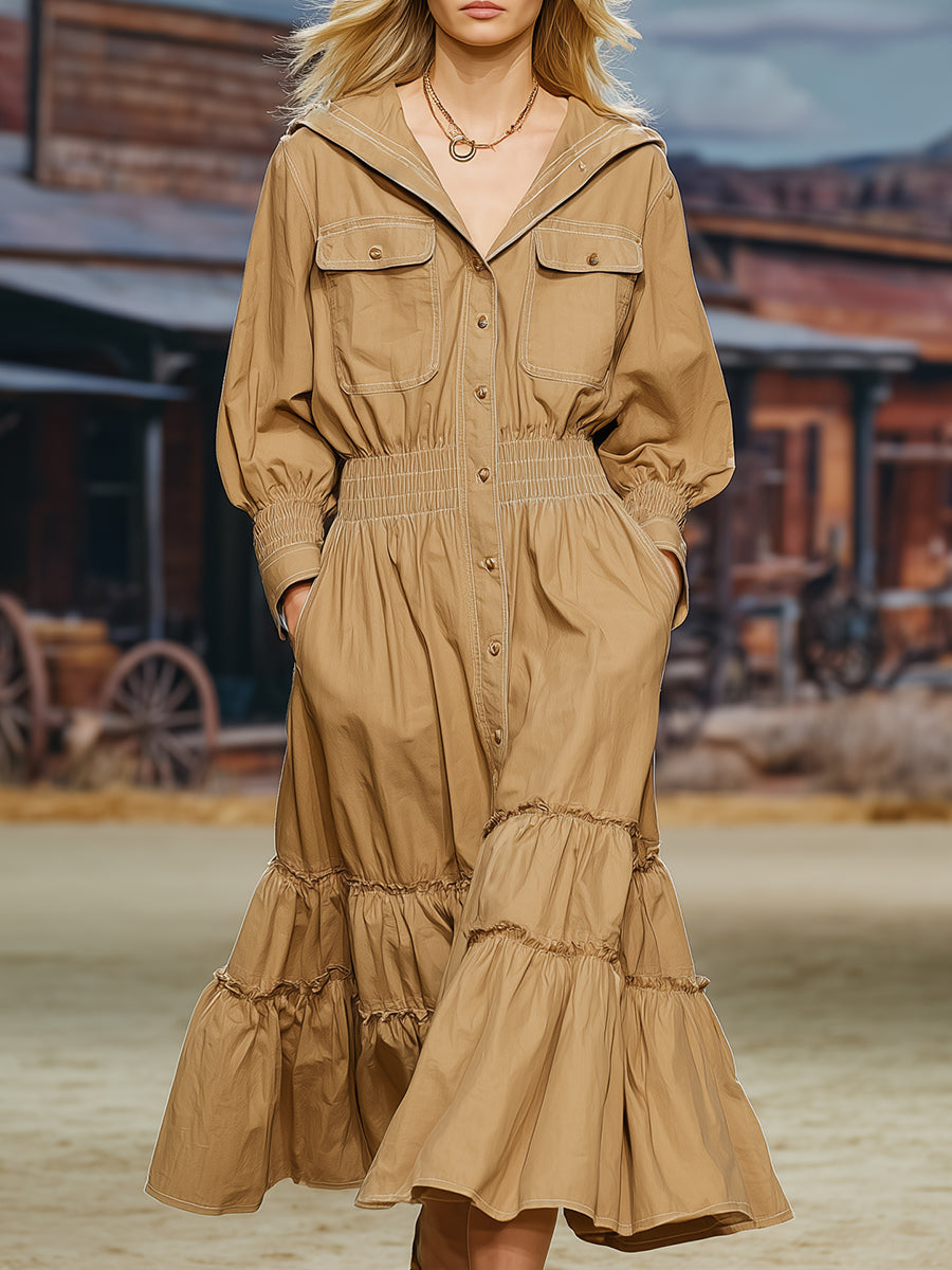 Robe Midi Kaki à Manches Longues avec Volants au Style Rétro