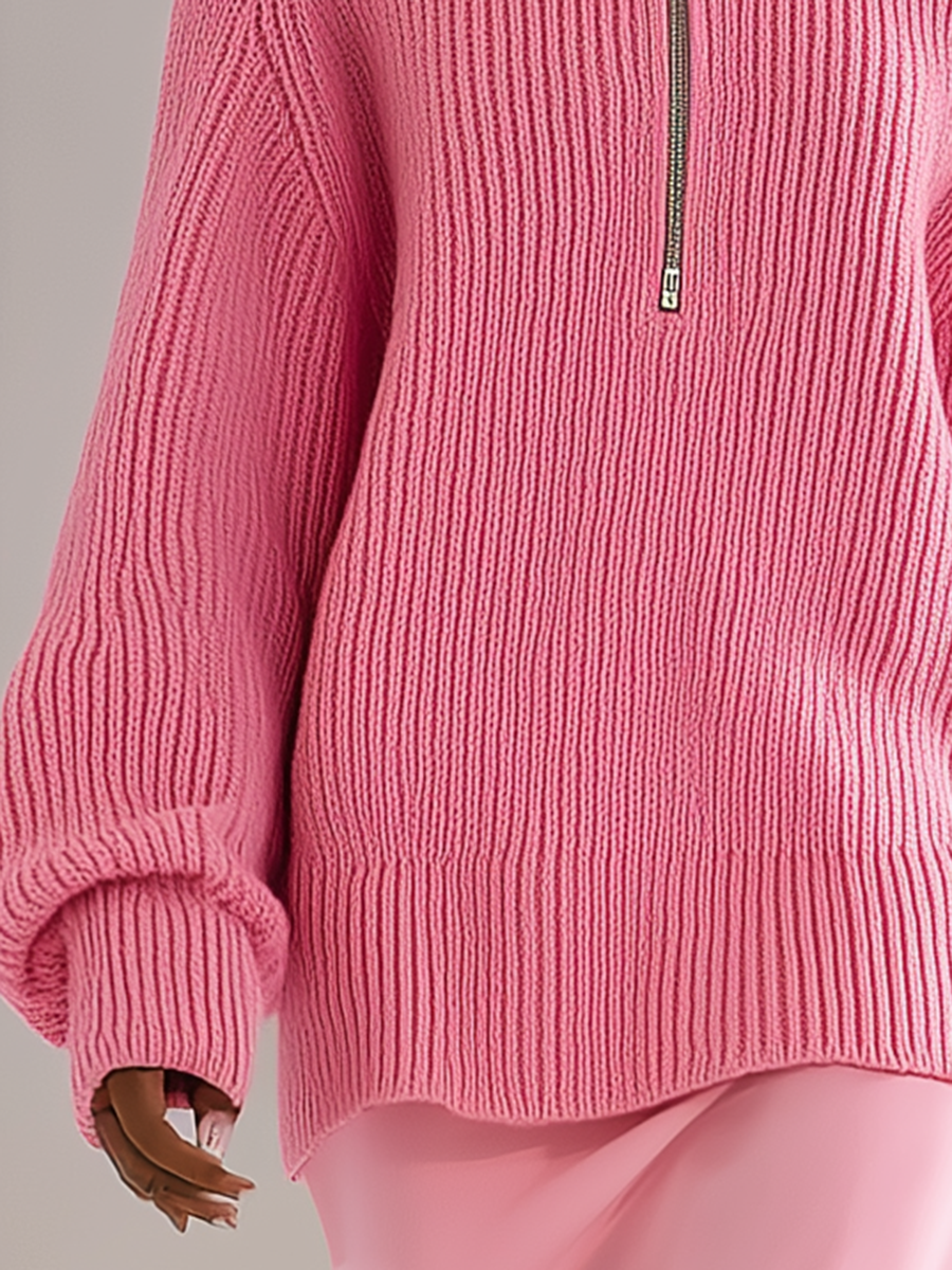 Chic Pull Uni à Col Montant Zippé et Manches Longues