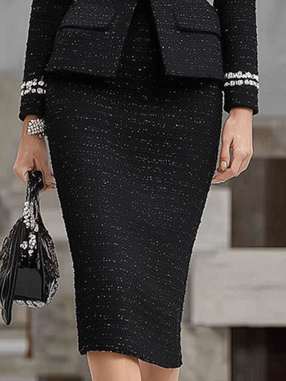 Chic Ensemble en Tweed Noir : Haut et Jupe Élégante