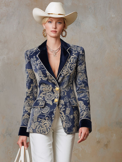 Veste en velours rétro à motifs roses avec coutures contrastées