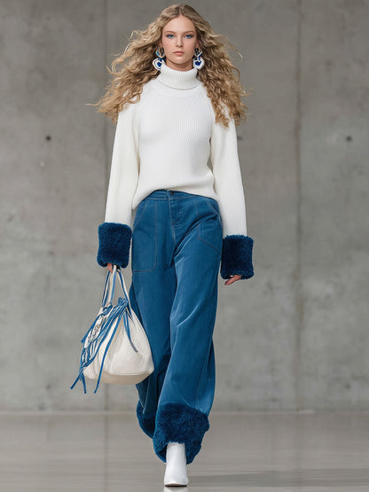 Jean Vintage Bleu Décontracté en Polaire - Coupe Largement Retroussée