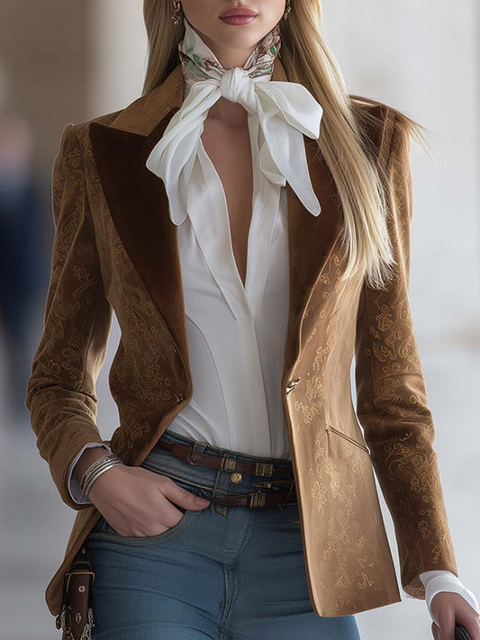 Blazer Vintage Classique en Faux Suède Marron à Motifs Western