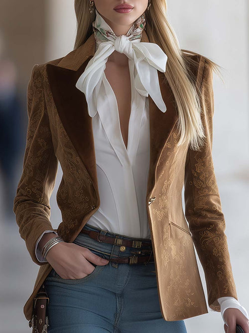 Blazer Vintage Western en Suédine Marron à Motifs