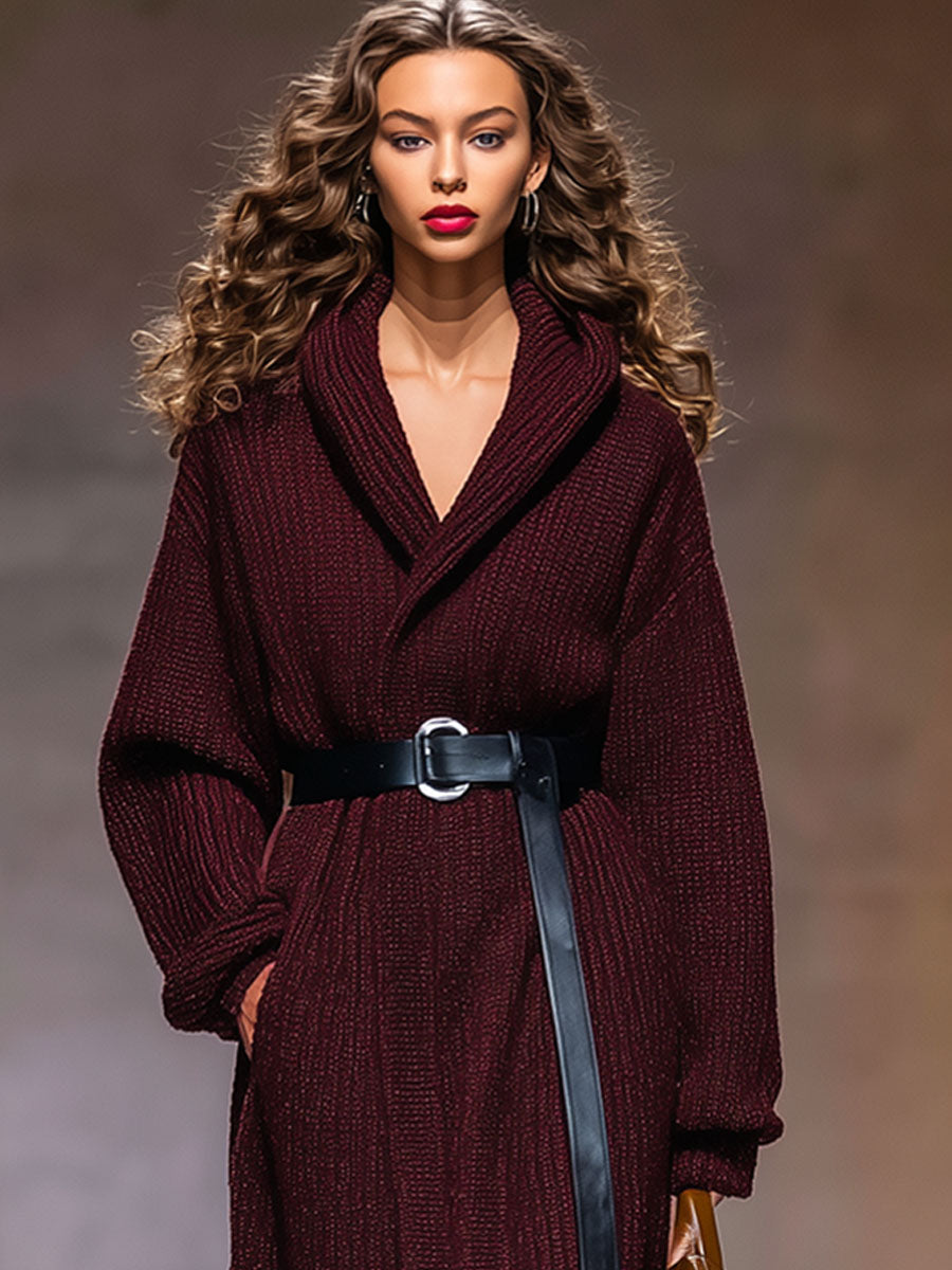 Chic Manteau Tricoté à Capuche avec Ceinture et Coupe Ample