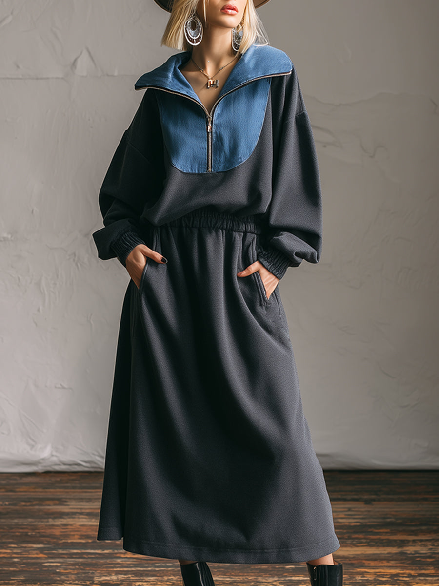 Robe Maxi en Sweat à Demi-Zip avec Col en Jean - Gris Foncé