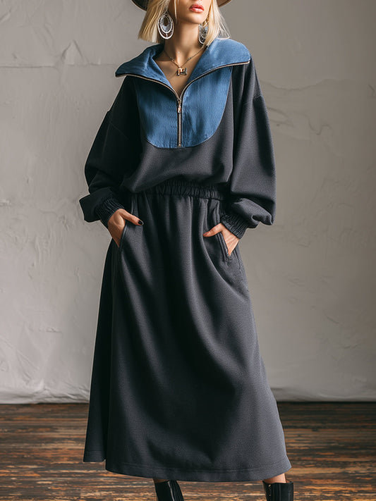 Robe Maxi en Sweat à Demi-Zip avec Col en Jean - Gris Foncé