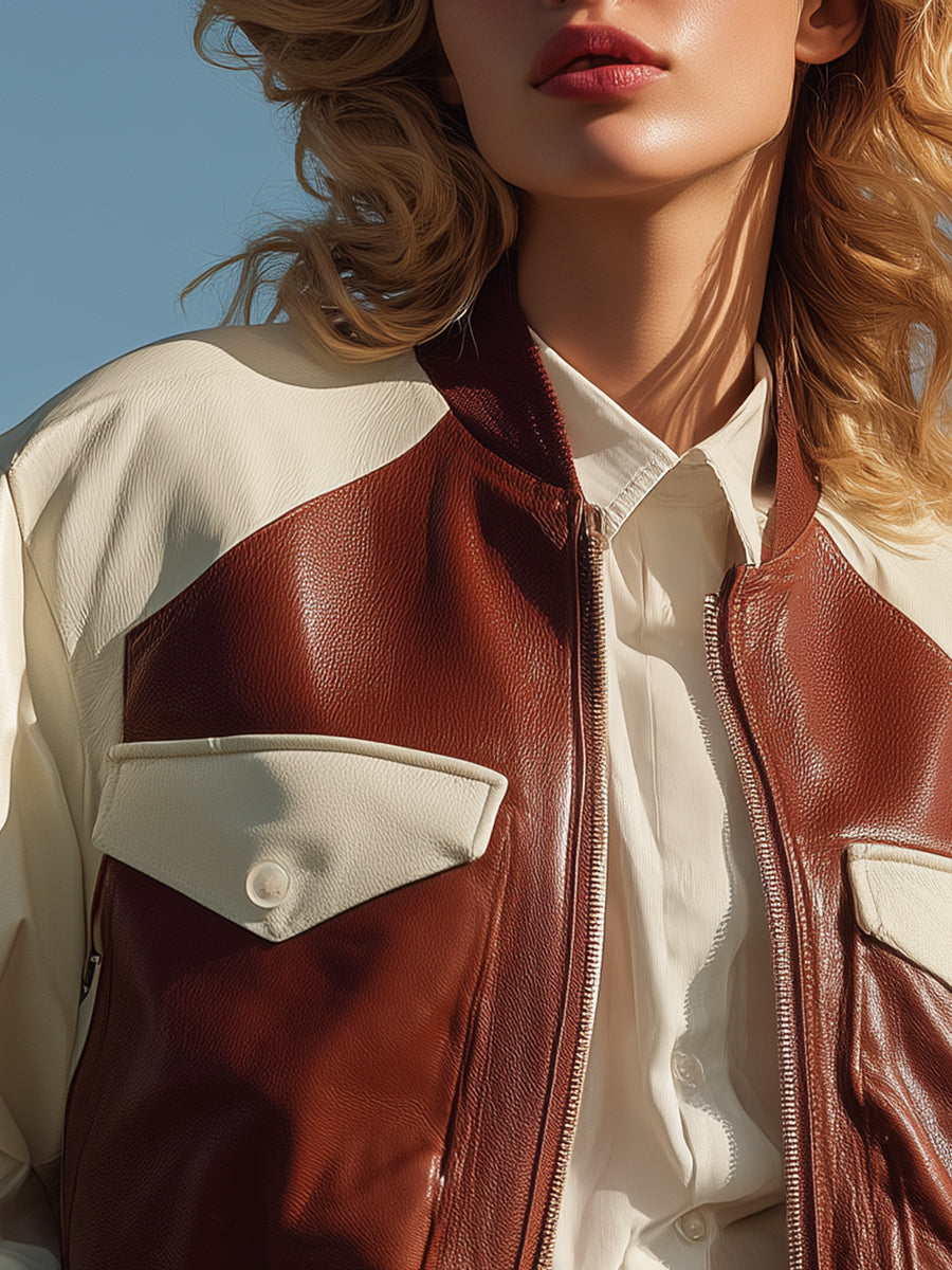 Veste aviateur cropped en simili cuir à motifs color-block chic