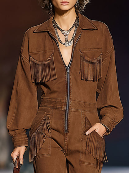 Combinaison en Denim Caramel Rétro avec Poches Frangées, Manches Longues et Jambes Amples