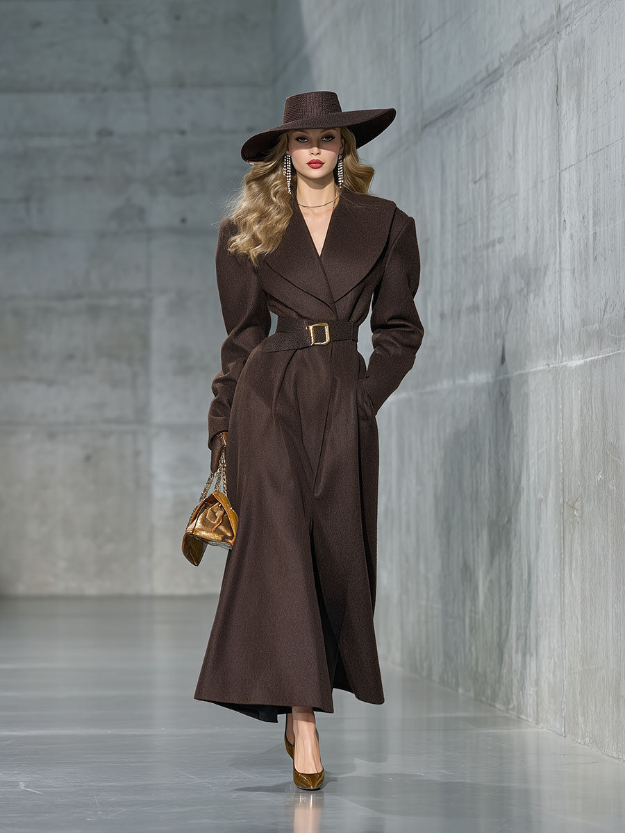 Chic Manteau en Laine Brun Chocolat avec Épaules Oversize