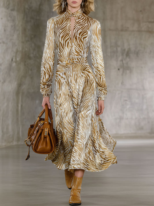Robe Midi en Velours Champagne Doré à Motif Zèbre Rétro avec Manches Longues