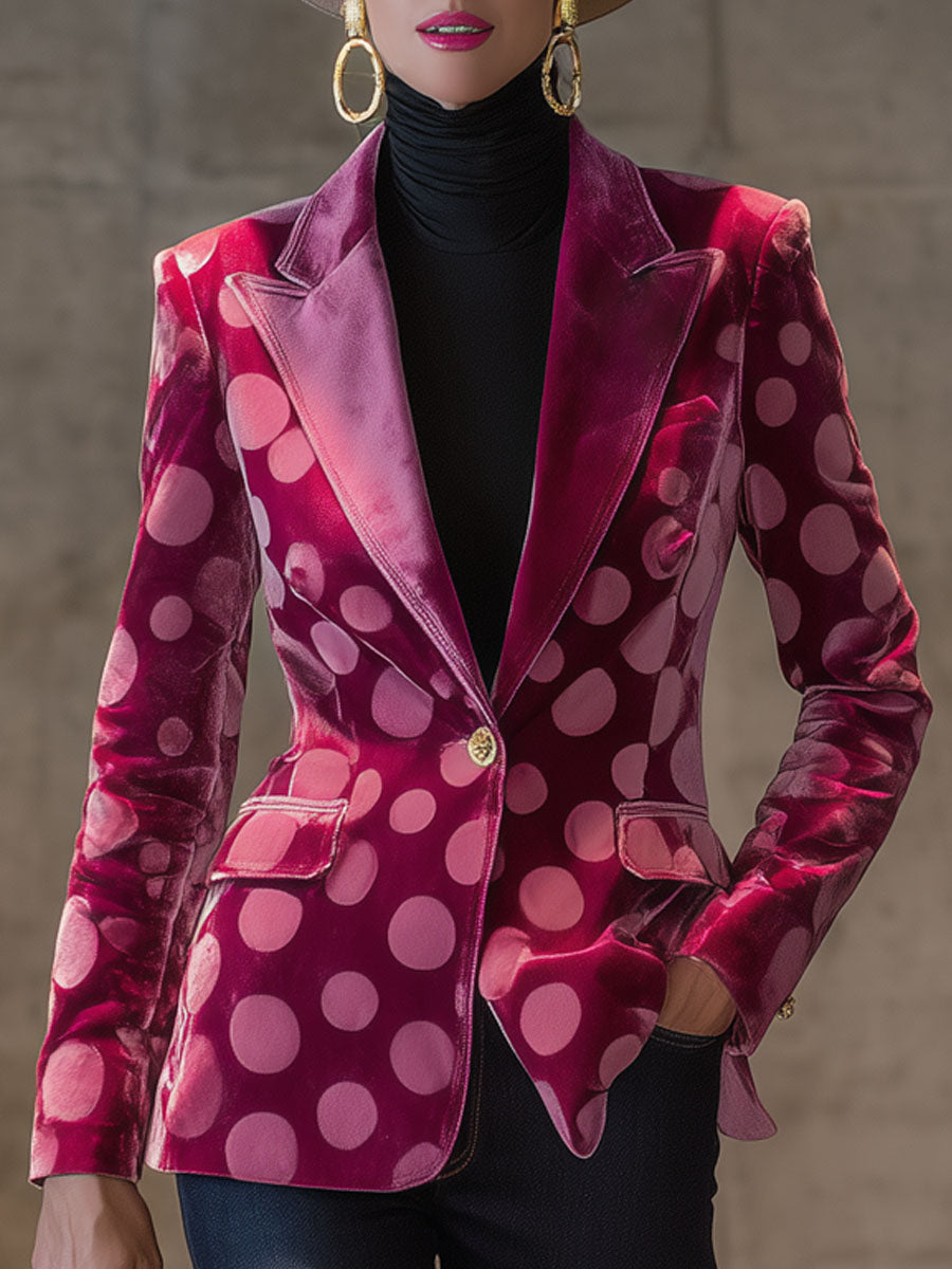 Élégant Blazer en Velours à Pois Rétro avec Bouton Unique