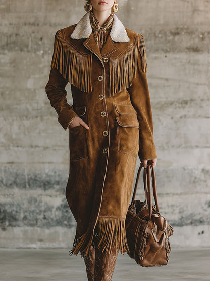 Veste en Suède Synthétique avec Col Sherpa et Franges Western
