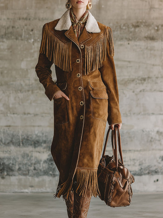 Veste en Suède Synthétique avec Col Sherpa et Franges Western