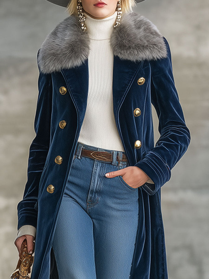 Long Velvet Navy Coat with Retro Fur Collar