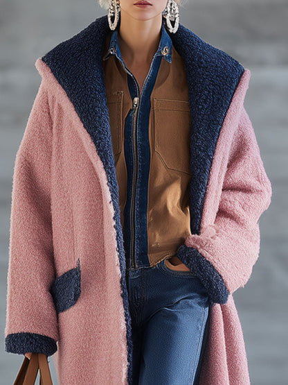 Veste Longue en Polaire au Style Nomade Urbain - Bleu Marine et Rose