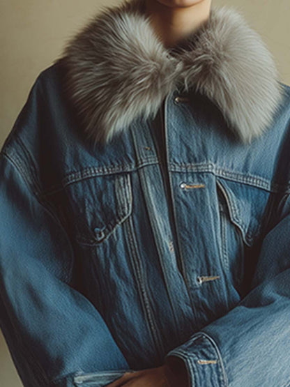 Veste en denim bleu mi-long avec col en fausse fourrure amovible - Élégance décontractée