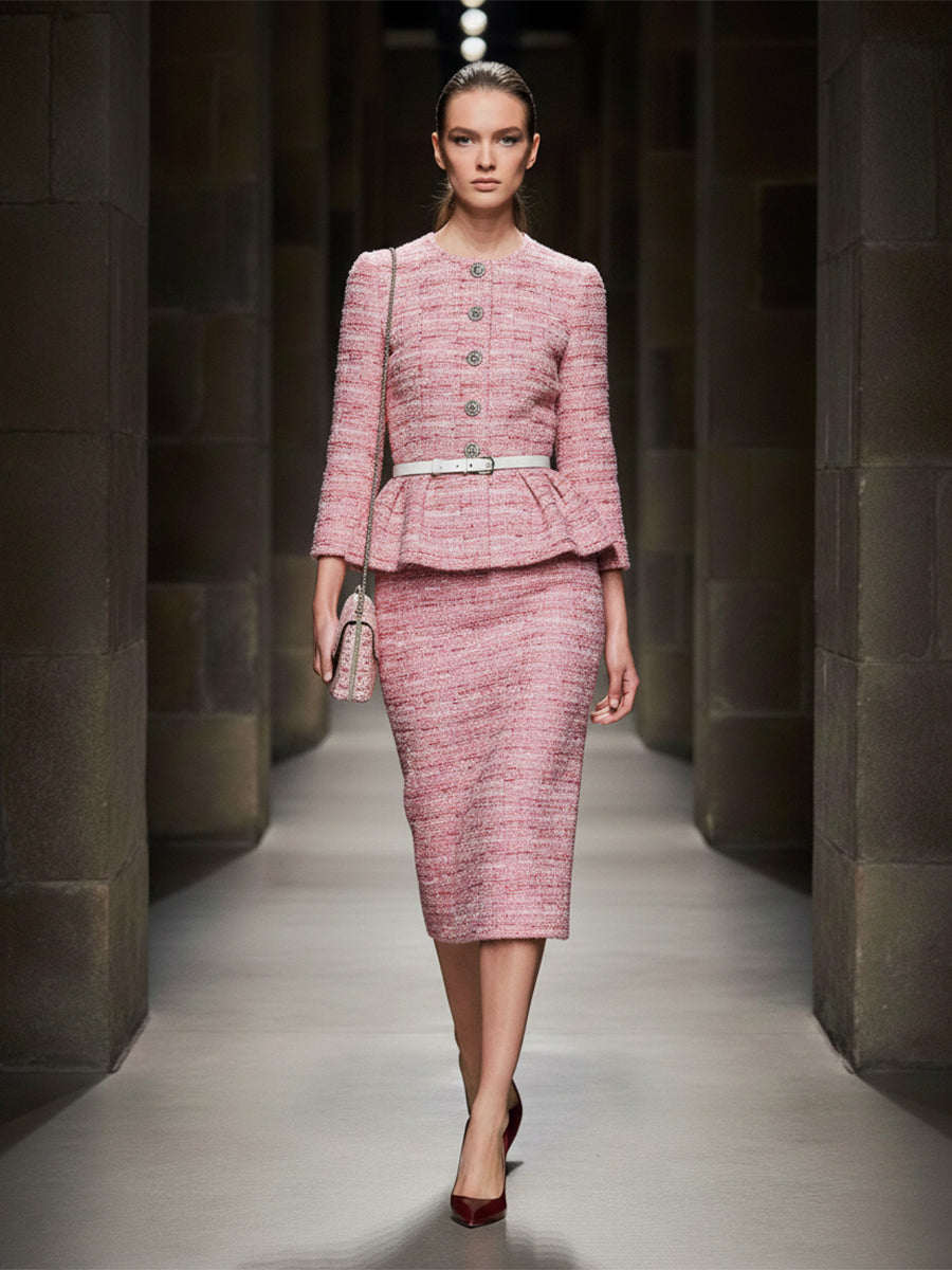 Ensemble Chic en Tweed Rose : Veste Élégante et Jupe Flottante à Boutons Argentés