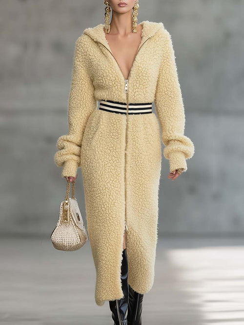Exquise Robe Midi en Polaire Jaune Rétro avec Capuche, Décolleté en V et Fermeture Éclair