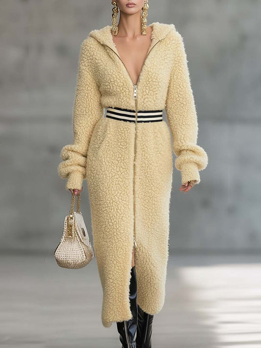 Exquise Robe Midi en Polaire Jaune Rétro avec Capuche, Décolleté en V et Fermeture Éclair