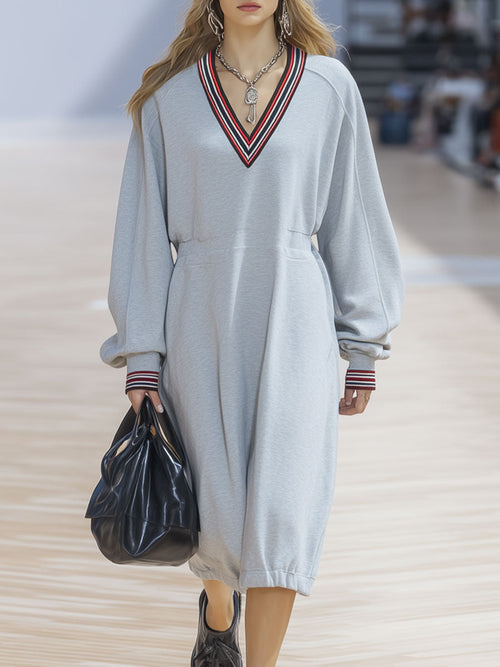 Robe Midi Décontractée à Rayures Bud Gris Clair avec Manches Longues et Col V