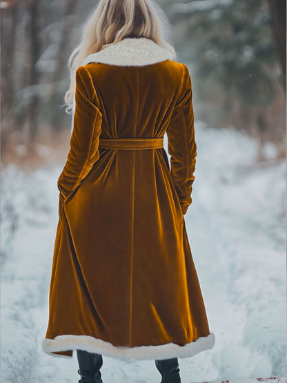 Long Vintage Velvet and Wool Coat with Pockets - Effortlessly Chic and Spacious