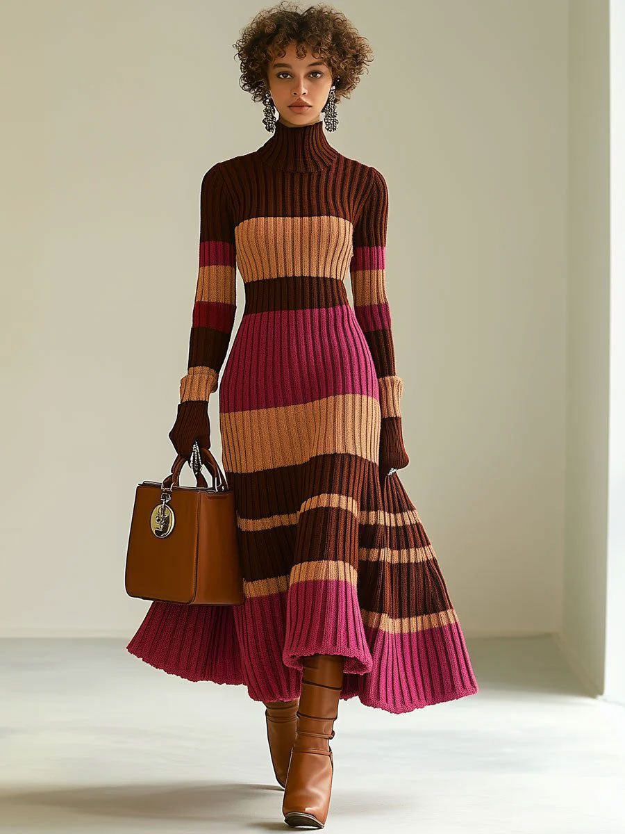 Robe Midi Tricotée à Col Montant - Style Rétro avec Rayures Colorées, Expédition Rapide en 24 Heures