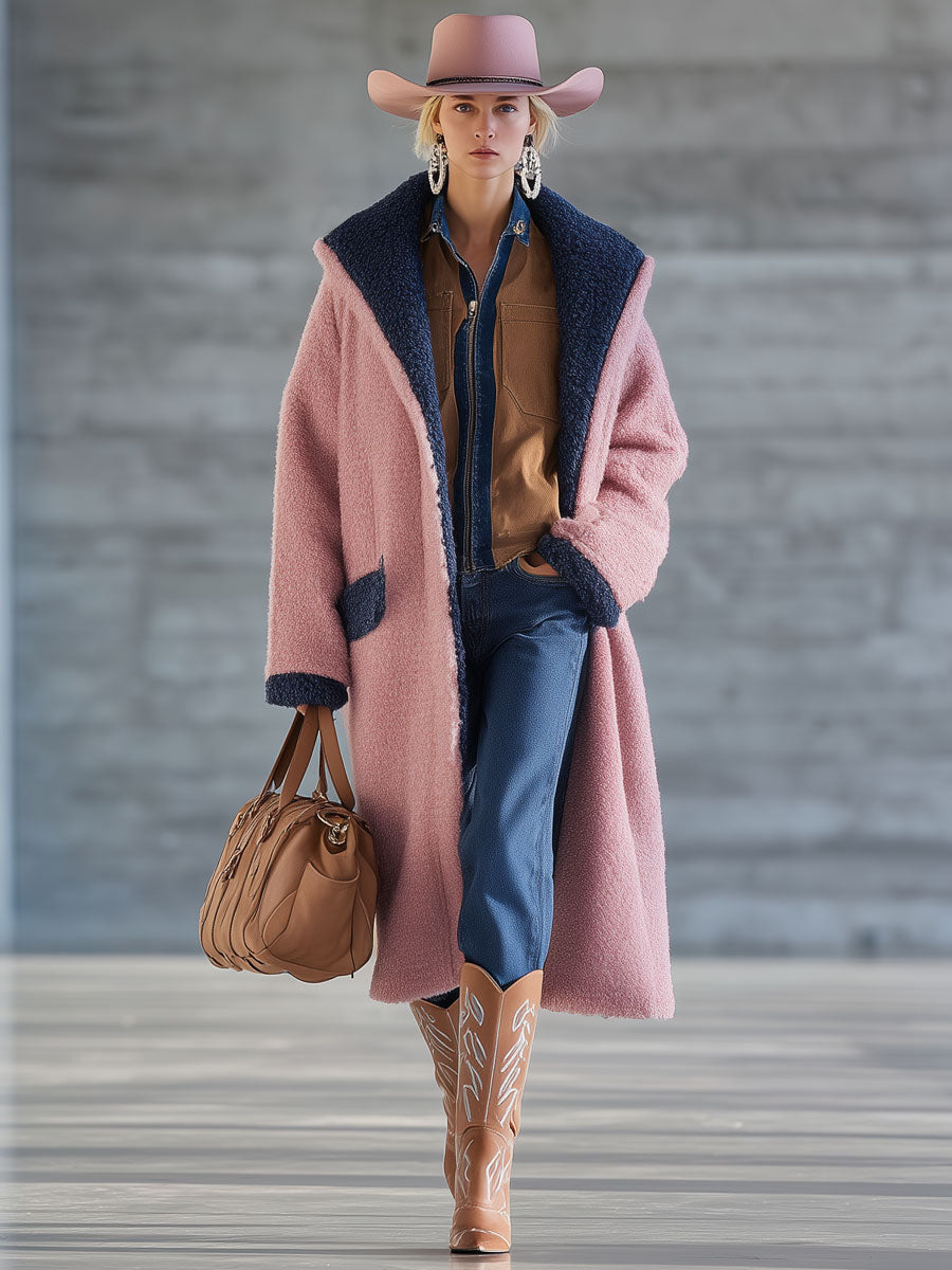 Veste Longue en Polaire Bleu Marine et Rose - Style Nomade Urbain Rétro