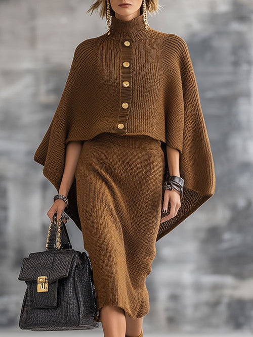 Ensemble Décontracté en Tricot : Jupe Cape Marron au Style Rétro