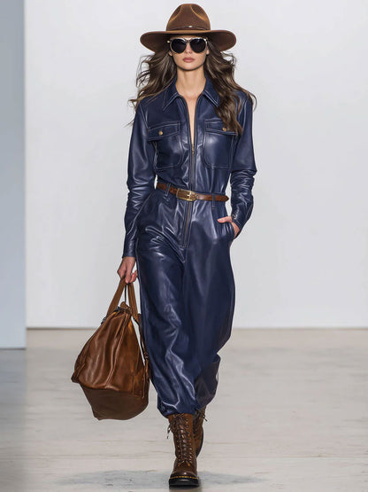 Combinaison Rétro en Similicuir Bleu Foncé à Manches Longues avec Détails à Lacets et Pantalon Large