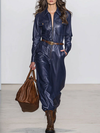 Combinaison Rétro en Simili Cuir Bleu Foncé - Manches Longues et Jambes Amples avec Détails à Lacets